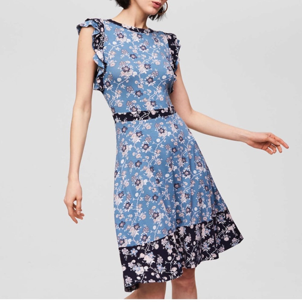 LOFT Mixed Print Flutter Dress in Dove Blue